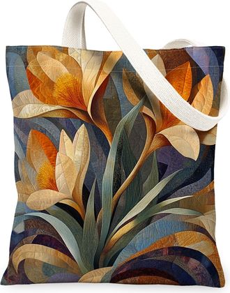 Generic Spring Saffron Crocus Flower Canvas Tote Bag for Shopping 13x15, Quilled Style Florals Reusable Grocery Print Pattern Bag for Women, Cool Aesthetic Be