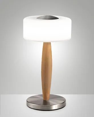 Fabas Luce Lampada Da Tavolo Elea Led 8w 860lm 3000k, Struttura In Metallo, Legno E Vetro Soffiato Con Regolazione Luce Al Tocco, Colore Nichel Satinato - Elea