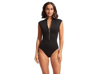 Seafolly Seafolly Collective Zip Front One-Piece Womens Swimsuits One Piece Black : AUS 14 (US Womens 10), Nylon/Elastane