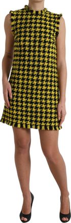 Dolce & Gabbana Womens Yellow Houndstooth Sleeveless Aline Mini Dress Virgin Wool Nylon