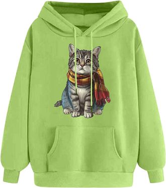 Generic RLEHJN Hoodies for Women UK Cute Cats Printed Hooded Sweatshirts Fleece Lined Pullover Autumn/Winter Sweaters Long Sleeve Tops Loose Fit Hoody with Po