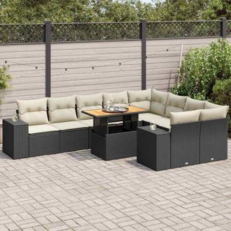 vidaXL Set Sof&aacute;s Jard&iacute;n Y Cojines 10 Pzas Rat&aacute;n Sint&eacute;tico Acacia Negro Vidaxl