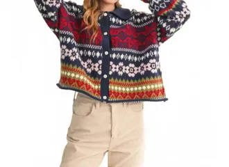 Merci Womens Fair Isle Cardigan In Navy