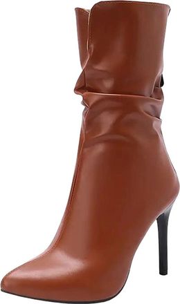 Generic Womens Sexy Mid Calf Boots Pointed Toe Super High Thin Heel Back Zipper With Pleated Detail For Party Dating