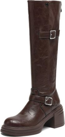 Generic Womens PU Leather Knee High Boots with Side Zipper Round Toe Platform Boots Chunky Heel Long Boot with Buckle,Brown,4.5 UK