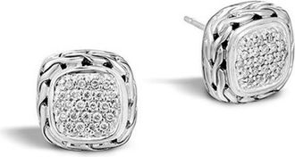 John Hardy Classic Chain Silver Diamond Pave (0.28ct) Small Square Earrings