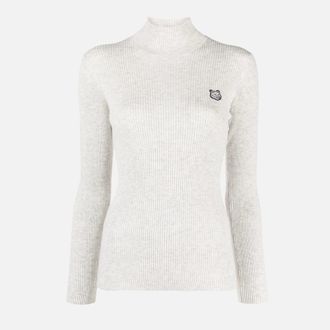 Maison Kitsuné Womens Kitsune Tonal Fox Head Patch Fine Ribbed Turtleneck Jacket in Off-White Textile - Size X-Large