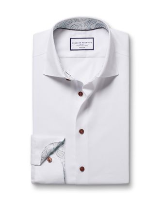 CHARLES TYRWHITT Non-Iron Stretch Printed Trim Cotton Shirt - White Single Cuff Size 15.5/34 by Charles Tyrwhitt