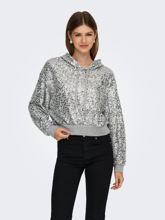 Only Kapuzensweatshirt ONLY ONLJADA L/S SEQUINS HOOD SWT, Damen, Gr. XL, light grau melange detail:silber sequins, Sweatware, Obermaterial: 65% Polyester, 