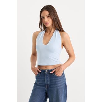 Good American Womens The Halter Tank Top | Sky, Size Medium | Good American by Khlo&Egrave; Kardashian