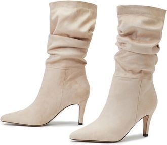 Generic Womens Mid-Calf Cowboy Boots, Pointed Toe with Stiletto Heel, Slip-On Boots, Suede Finish and Non-Slip Sole, Elegant and Casual Cowboy Style Shoes-Bei