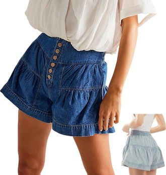 Generic Womens 2025 Denim Shorts Y2k Casual Flowy, Summer Baggy High Waisted Flowy Wide Leg Buttons Pleated Casual Jean Shorts (Dark Blue,L)