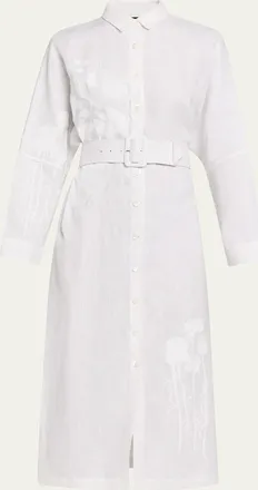 Libertine - Libertine White On White Hand Silk Screen Belted Linen Shirtdress