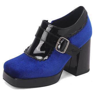 Generic Eestfy Womens Colorblock Platform Mary Jane Pumps, Velvet Upper with Patent Leather Straps, Square Toe Chunky Block Heel High Heels,Blue,4.5 UK
