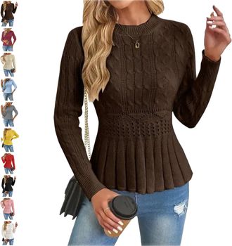 Generic Womens Chunky Knit Crew Neck Long Sleeve Knit Top, 2025 Fall Winter Cropped Pullover Peplum Sweaters for Women (Brown,xx_l)