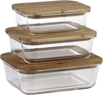 OEM Juego De 3 Loncheras Rectangulares De Borosilicato Modelo Bamb&uacute; Tapa De Bamb&uacute; Capacidad 640-1040-1520 Ml