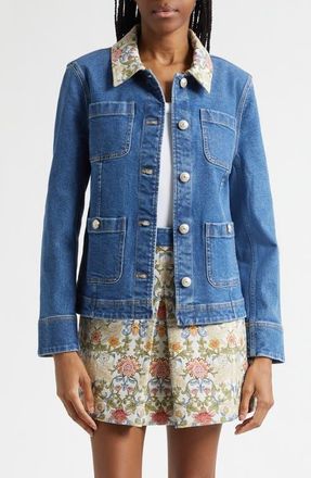 Cinq &agrave; Sept Dalton Floral Collar Stretch Denim Jacket in Saphir Multi at Nordstrom, Size Xx-Small