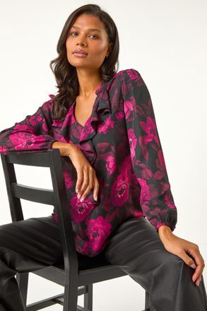 Roman Floral Print Ruffle V-Neck Top