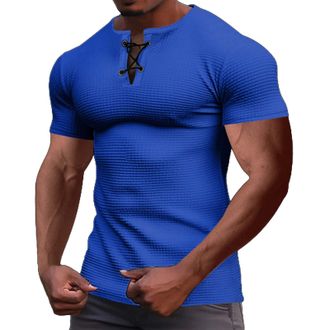 Generic Mens Muscle Fit T Shirts Summer Short Sleeve Lace up Round Neck Henley Shirt Breathable Lightweight Waffle Plaid Solid Color Casual Shirts Stylish Wor