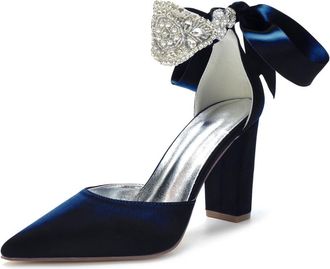 Generic Wedding Shoes Women Shoes High Heels Satin Bridal Shoes Block Heels Wedding Closed Pointed Toe Evening Pump Shoes 9Cm,Dark Blue,10 UK