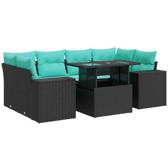 vidaXL 7 Piece Garden Sofa Set with Cushions Black Poly Rattan Acacia vidaXL