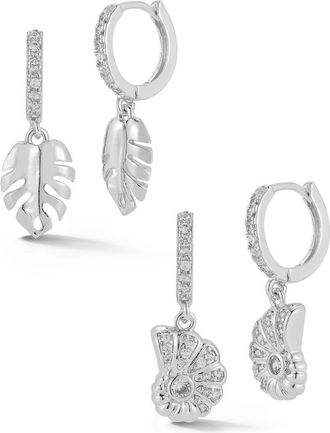 Glaze Jewelry Set of 2 Leaf & Shell Drop Huggie Hoop Earrings in Silver at Nordstrom Rack