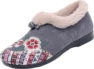 Generic Dritnow Womens Warm Floral Embroidered Winter Shoes, Soft-Soled Non-Slip Warm Cotton Boots, Indoor Outdoor (Gray,6.5)
