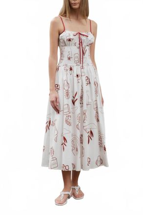 Moon River Tropical Smocked Midi Dress In Ivory Multi