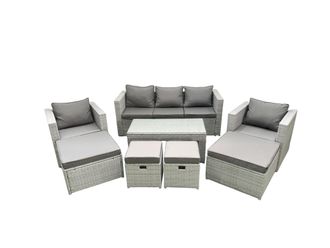 Fimous Rattan Garden Furniture Set Outdoor Lounger Sofa with Coffee Table 4 Footstools Light Grey Mixed 9 Seater