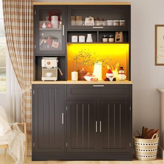 Merax Freestanding Tall Kitchen Dresser with Coffee Station, LED Light in Black