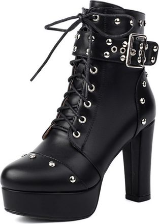 Generic Womens Ankle Boots Faux Leather Studded Decor Lace-Up Buckle Strap Platform Chunky Block Heel Edgy Evening Party Daily Casual Fashion Footwear,Black,5