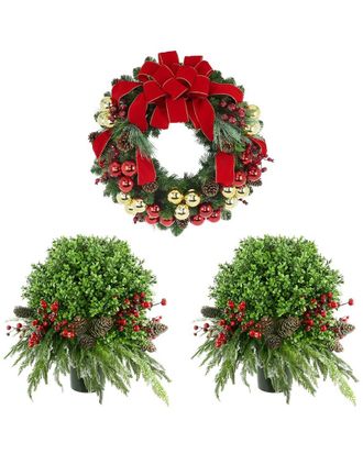 Creative Displays Inc. 26In Modern Christmas Holiday Wreath With 2 Uv-Rated Boxwood Drop-Ins