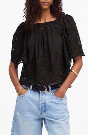 Madewell Eyelet Flutter Sleeve Cotton Blend Top in Jet Black at Nordstrom Rack, Size X-Small