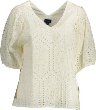 GANT Wit Katoenen T-Shirt met V-Hals - Dames - Blouses - Wit - S - Katoen - Overhemden