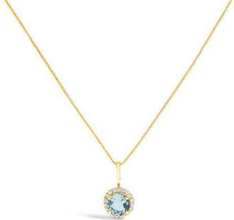 House of Brilliance 10K Gold Gemstone and 1/10 Cttw Diamond Accent Halo Pendant Necklace in Yellow | Blue Aquamarine at Nordstrom