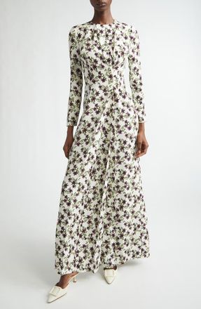 Emilia Wickstead Silverio Floral Long Sleeve Silk Cr&ecirc;pe de Chine Maxi Dress in Lillies Purple/Olive On Ivory at Nordstrom, Size 12 Us