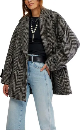 Free People Ari Herringbone Peacoat in Black at Nordstrom, Size X-Small