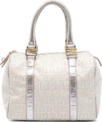 Fendi Pre-owned Womens Mini Zucchino Metallic Canvas Forever Bauletto Boston Bag - Ivory Textile - One Size