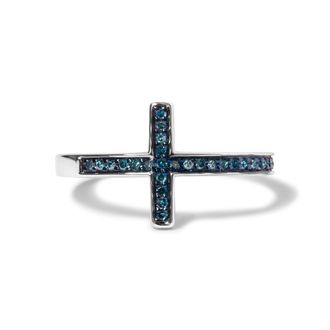 House of Brilliance Sterling Silver 1/6 Cttw Blue Diamond Cross Stackable Ring