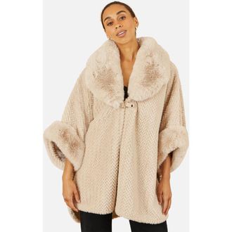 Yumi Textured Faux Fur Lined Cape in Beige at Nordstrom, Size Medium