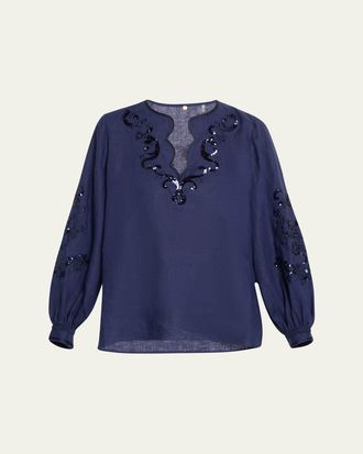 Kobi Halperin Soraya Sequin Embroidered Linen Blouse