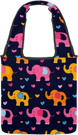Generic Cute Colorful Elephants Reversible Canvas Shoulder Tote - Double-Sided Print, 12oz Cotton, 27cm Drop, Fold-Flat Bag for Travel, Shopping, Street Outin