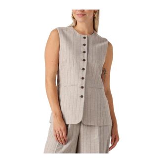 Selected Jassen, Dames, Beige, M, Linnen, Beige Linnen Lang Vest voor Zomer