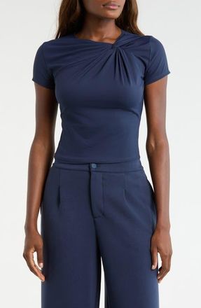 Lord & Taylor Asymmetric Twist Neck Crop T-Shirt in Navy Blazer at Nordstrom, Size X-Small