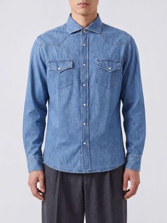 Brunello Cucinelli Camicia casual in denim di cotone con collo francese