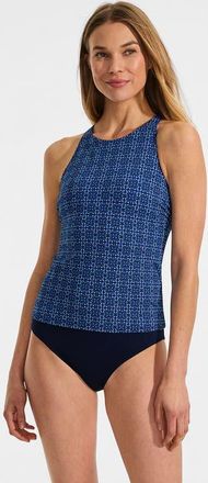 Lands End Tugless High Neck Strappy Back Tankini Swimsuit Top in Navy Mosaic Mini Tile at Nordstrom, Size 14