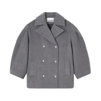Ganni Jassen, Dames, Grijs, S, Balloon-Sleeves Double-Breasted Coat