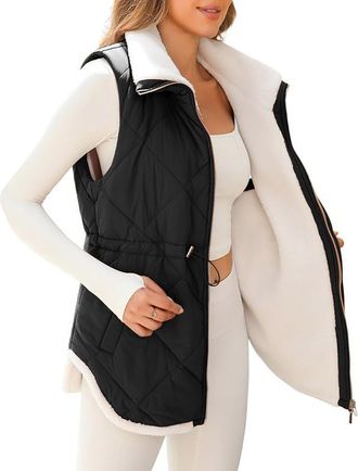 Generic Womens Fleece Long Gilets Full Zip Up Smocked Waist Padded Sleeveless Jacket Winter Thermal Quilted Bodywarmers Vest Casual Waitcoats with Pocket Plus