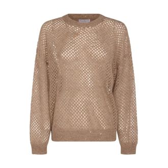 Brunello Cucinelli Truien & Vesten, Dames, Beige, L, Katoen, Dazzling Mesh Trui