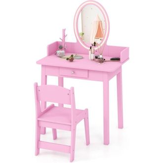 Costway Costway - Toeletta Trucco 2 in 1 per Bambina, Specchiera Staccabile per Ragazza in Legno con Sedia, Cassetto e Luci led Regolabile, Postazione Trucco